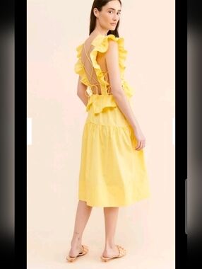 Allina Liu Womens Yellow Strappy Back Camilla Tiered Ruffled Spring Midi Dress 8